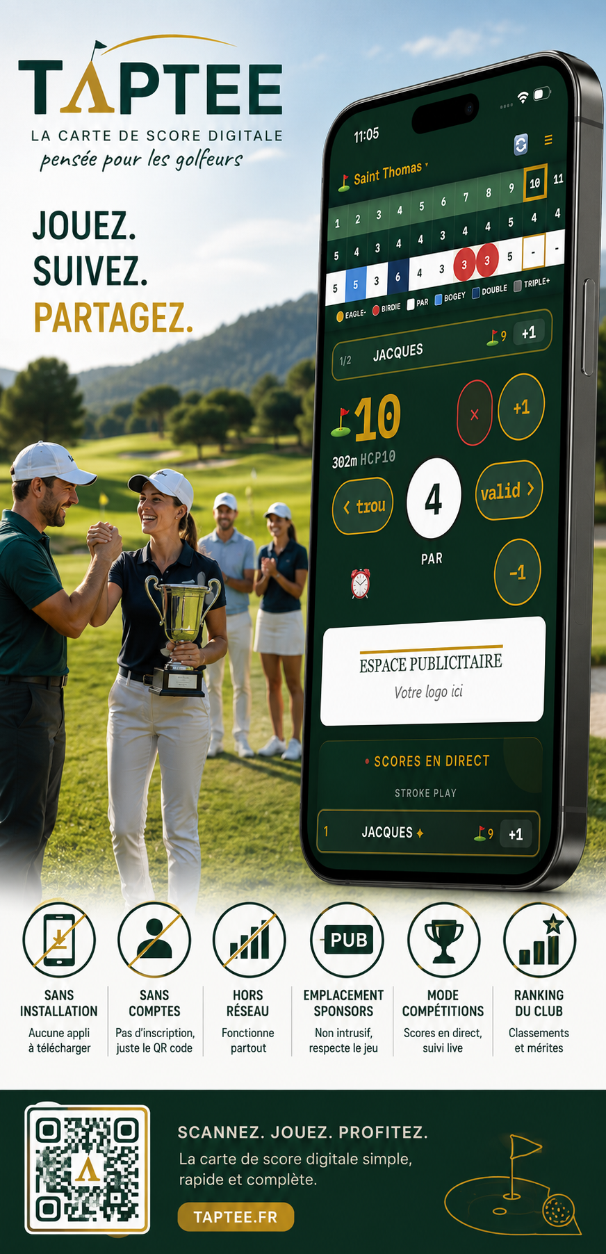 Carte de score digitale TapTee au Golf de Saint-Clair : saisie du score trou par trou sur téléphone